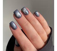 Smoky Grey Cat Eye False Nails, SXVME Glitter Press on Nails Short Square, Sparkly Shiny Fake Nails Natural, Cute Bling Stick on Nails for Women Daily Wear, 30 Pcs