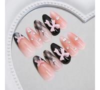 Smoky Grey Plaid Almond Press On Nails With Heart Bow Rhinestone And Crystal Glitter Tips - Sheer Blush Pink Black Glitter Design For Women Daily Wear Parties Special Occasions Glossy Finish Multiple