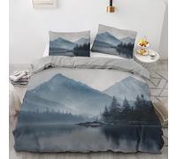 Smoky Mountain Super King Duvet Cover Set 3pcs, Forest Lake View Bedding Sets, Reversible Breathable Quilt Cover with 2 Pillowcases 50x75cm, Zipper Closure, Bedroom Decor