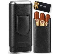 SmokyJoy Leather Cigar Case, Cedar Wood Lined Travel Humidor, Portable Cigars Carrying Holder Case With V-Cut Guillotine Punch Cutter Tool Set, Cigar Accessory Gift Box for Men (Black)