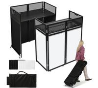 SMONTER Portable DJ Table with Wheels, 105 x 51 cm, Adjustable DJ Event Facade with White and Black Scrim, Folding DJ Cabin Metal Frame