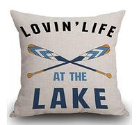Smooffly Black Blue Word Art Quote Loving Life at The Lake Wooden Paddle Oar Summer Decorative Cushion Cover Throw Pillow Cover Case Home Living Room Bed Sofa Car Cotton Linen Square 18 x 18 Inches