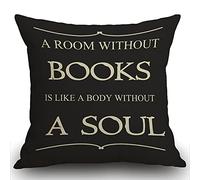 Smooffly Book Lover Book Club A Room Without Books is Like A Body Without A Soul Cotton Linen Decorative Cushion Cover Throw Pillow Case Square 18X18 Inch