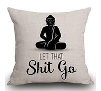 Smooffly Buddha Meditating Cushion Cover 18 x 18 Inch Let That Shit Go Decorative Throw Pillow Cover Cotton Linen Square Pillowcase for Sofa Couch Car Bedroom Home Décor, 45cm x 45cm