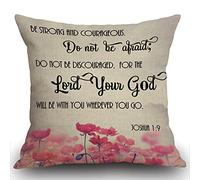 Smooffly Christian Bible Verses Scripture Quotes Joshua-1:9 Pink Flowers Cushion Cover 18x18 inch Linen Square Throw Pillow Cover for Living Room Sofa Couch Bed Pillowcase 45cm x 45cm