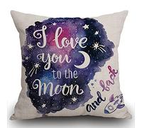 Smooffly Cotton Linen Home Decorative Throw Pillow Case Cushion Cover for Sofa Couch Watercolor I Love You to The Moon and Back Lover Gift Decor, Valentine's Day Decoration, Galaxy Star