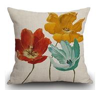 Smooffly Cotton Linen Square Decorative Cushion Cover Enchanting Beautiful Tricolor Orange Red Yellow Blue Poppy Flowers Gift Anniversary Day Present Throw Pillow Case 18"X18" 45 x 45 cm