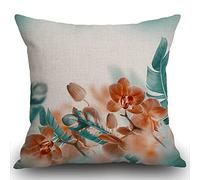 Smooffly Cushion Cover Tropical Orchids Blossom Leaves on Blurred Background Floral Themed Modern Artwork Orange Teal Home Decor Square Pillow Case for Bedroom Living Room Throw Pillow Cover 18"x18"