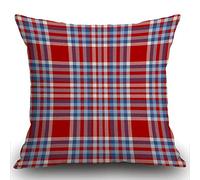Smooffly Cushion Covers Tartan Plaid Pattern Checkered Fabric Texture Moderate Light Blue White and Bright Red Soft Linen Pillow Case for Bedroom/Livingroom/Sofa Throw Pillow Case Cover 18x18 Inch