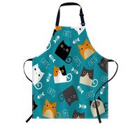 Smooffly Cute Cats with Fish Bone Apron,Adjustable Neck Bib Apron for Men Women,Suitable for Kitchen Cooking Waitress Chef Apron