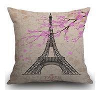 Smooffly Double Sided Eiffel Tower Cushion Cover, Hippie Square vintage Paris Eiffel Tower and Flower Throw Pillow Cover Pillow Case 18 X 18 Inches for Home Living Room Sofa Garden Couch Car 45x45cm