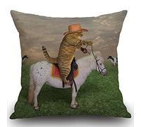 Smooffly Funny Cat Tropical Leaves Cushion Cover 18 x 18 Inch The Cat Cowboy on a Horse Decorative Throw Pillow Cover Cotton Linen Square Pillowcase for Sofa Couch Car Bedroom Home Décor, 45cm x 45cm