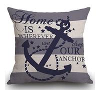 Smooffly Nautical Farmhouse Decorative Cushion Cover Home is Wherever We Drop Our Anchor Quote Sign Summer Cruise Lover Decoration Home Decor Cotton Linen Throw Pillow Cover for Sofa Couch, 45 x 45 cm