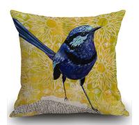 Smooffly Oil Painting Blue Robin Bird Cushion Case Cover Yellow Background Lovely Animal with Chrysanthemum Pattern Cotton Linen Decorative Throw Pillow Covers 18x18 for Sofa