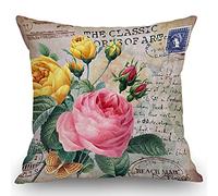 Smooffly Roses Flower with Vintage Butterfly Stamp Retro Style Letter Pink Yellow Red Green Pillow Case Decorative 18 x 18 Inches Outdoor Cushion Couch Sofa Pillow cover