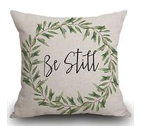 Smooffly Rustic Be Still Green Olive Wreath Vintage Farmhouse Décor Spring Summer Sign Decoration Cotton Linen Home Decorative Cushion Cover Throw Pillow Case with Words for Sofa Couch,18"x18" 45x45cm