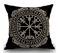 Smooffly Square Decorative Cushion Cover Black Celtic Viking Design Magical Runic Compass Vegvisir in The Circle of Norse Runes and Dragons Tattoo Throw Pillow Cover Cotton Linen 18x18 Inches