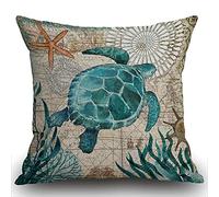 Smooffly Throw Pillow Case Vintage Nautical Sea Turtles Starfish Old Map Cushion Cover 18x18 inch Linen Square Throw Pillow Cover for Living Room Sofa Couch Bed Pillowcase 45cm x 45cm