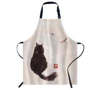 Smooffly Vintage Cat and Dragonfly Traditional Japanese Ink Painting Apron - Unisex Adjustable Bib Apron for Home Kitchen, Restaurant, Coffee House
