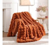 Smoofy Faux Fur Fall Throw Blanket for Couch - Burnt Orange Fluffy Cozy Rabbit Fleece, Plush Soft Bubble Blanket for Sofa & Bed, for Mom, Warm Fuzzy Home Room Decor Throw 50" x 60"