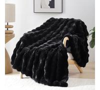 Smoofy Faux Fur Throw Blanket for Couch - Black Fluffy Cozy Rabbit Fleece, Plush Soft Bubble Blanket for Sofa & Bed, for Mom, Warm Fuzzy Home Room Decor Throw 60" x 80"
