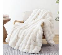 Smoofy Faux Fur Throw Blanket for Couch - Cream White Fluffy Cozy Rabbit Fleece, Plush Soft Bubble Blanket for Sofa & Bed, for Mom, Warm Fuzzy Home Room Decor Throw 50" x 60"