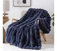 Smoofy Faux Fur Throw Blanket for Couch - Navy Blue Fluffy Cozy Rabbit Fleece, Plush Soft Bubble Blanket for Sofa & Bed, for Mom, Warm Fuzzy Home Room Decor Throw 60" x 80"