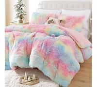 Smoofy Fluffy Queen Comforter Set, Faux Fur Rainbow Comforter Set Queen Size, Luxury Fuzzy Bedding Set, Soft Shaggy Bed Set for All Season, 3 Pieces - 1 Comforter & 2 Pillowcases
