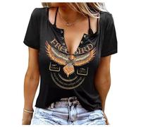Smooth As Tennessee Sweet As Strawberry Shirt Womens Summer Sexy V-Neck T Shirts Country Music Short Sleeve Tops Blouse, Free Bird/Black, M