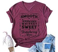 Smooth as Tennessee Whiskey Sweet as Strawberry Wine Shirt Women Country Music Tee Letter Print Drinking T-Shirt, Red, M