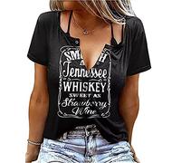 Smooth As Tennessee Whiskey Sweet As Strawberry Wine T-Shirt Women Sexy V-Neck Shirts Country Music Short Sleeve Shirt, Black, Small