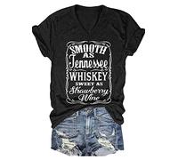 Smooth as Tennessee Whiskey Sweet as Strawberry Wine T Shirt Women V-Neck Country Music Tee Tops Drinking Blouse, Black, Small