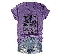 Smooth as Tennessee Whiskey Sweet as Strawberry Wine T Shirt Women V-Neck Country Music Tee Tops Drinking Blouse, Purple, Medium