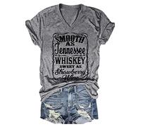 Smooth as Tennessee Whiskey Sweet as Strawberry Wine T Shirt Women V-Neck Country Music Tee Tops Drinking Blouse, Grey, Medium