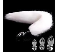 Smooth Long Fox Tail Faux Fur Anal Plug Sex Toy for Couples Cosplay SM Role Play Games, Beginner-Friendly Animal Tail Butt Plug for Women and Men(White,L)