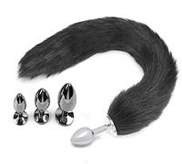 Smooth Long Fox Tail Faux Fur Anal Plug Sex Toy for Couples Cosplay SM Role Play Games, Beginner-Friendly Animal Tail Butt Plug for Women and Men(Black,L)