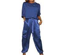 Smooth Satin Half-Sleeve Top and Pants Set, Casual Comfortable Short Sleeve and Long Pant Satin Two Piece Outfit (Blue,5XL)