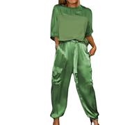 Smooth Satin Half-Sleeve Top and Pants Set, Casual Comfortable Short Sleeve and Long Pant Satin Two Piece Outfit (Green,Small)