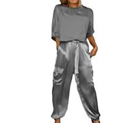 Smooth Satin Half-Sleeve Top and Pants Set, Casual Comfortable Short Sleeve and Long Pant Satin Two Piece Outfit (Grey,5XL)