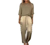 Smooth Satin Half-Sleeve Top and Pants Set, Casual Comfortable Short Sleeve and Long Pant Satin Two Piece Outfit (Gold,XXL)