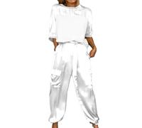 Smooth Satin Half-Sleeve Top and Pants Set, Casual Comfortable Short Sleeve and Long Pant Satin Two Piece Outfit (White,Small)