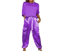 Smooth Satin Half-Sleeve Top and Pants Set, Casual Comfortable Short Sleeve and Long Pant Satin Two Piece Outfit (Purple,Small)