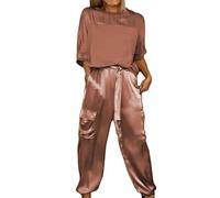 Smooth Satin Half-Sleeve Top and Pants Set, Casual Comfortable Short Sleeve and Long Pant Satin Two Piece Outfit (Coffee,Large)
