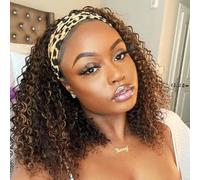 Smoothair Ombre Highlight Headband Human Hair Wig 4/27 Kinky Curly Headband Wig for Black Women 12 Inch No Lace Front Glueless 150% Density
