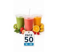Smoothie Cups with Flat Lids - 16 OZ (Pack of 50) - Strong Clear Plastic Cups for Milkshakes, Smoothies, Iced Coffee, Slusly and Bubble Tea - 100% Reusable Cups