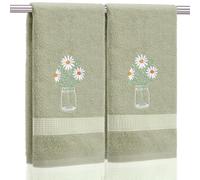 SmoothNovelty 2 Pcs Daisy Flower Hand Towels Gray Green Bathroom Decor 14x29 Inch Embroidered 100% Cotton Soft Absorbent Spring Summer Decorative Hand Towels for Bathroom Kitchen