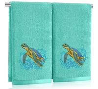 SmoothNovelty 2 Pcs Sea Turtle Hand Towels Teal Bathroom Decor 14x29 Inch Embroidered 100% Cotton Soft Absorbent Spring Summer Decorative Hand Towels for Bathroom Kitchen