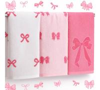 SmoothNovelty 3 Pcs Pink Bow Hand Towels Coquette Kitchen Towels 14 x 29 Inch 100% Cotton Absorbent Preppy Pink Bow Decor for Bathroom Soft Dish Cloth for Women Gifts