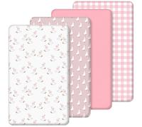 SmoothNovelty 4 Pack Silly Goose Crib Fitted Sheet for Boys Girls - 52 x 28 Fitted Baby Sheet with Goose and Gingham Style for Standard Mattress Gift Set, Microfiber & Soft Breathable(Pink)