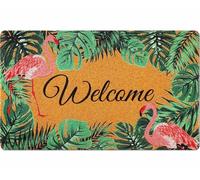 SmoothNovelty Coir Doormat Welcome Door Mat Flamingo Decor Tropical Flamingo Welcome Doormat Coir Palm Leaf Plant Doormat Non-Slip for Indoor Outdoor Bathroom Porch Decor